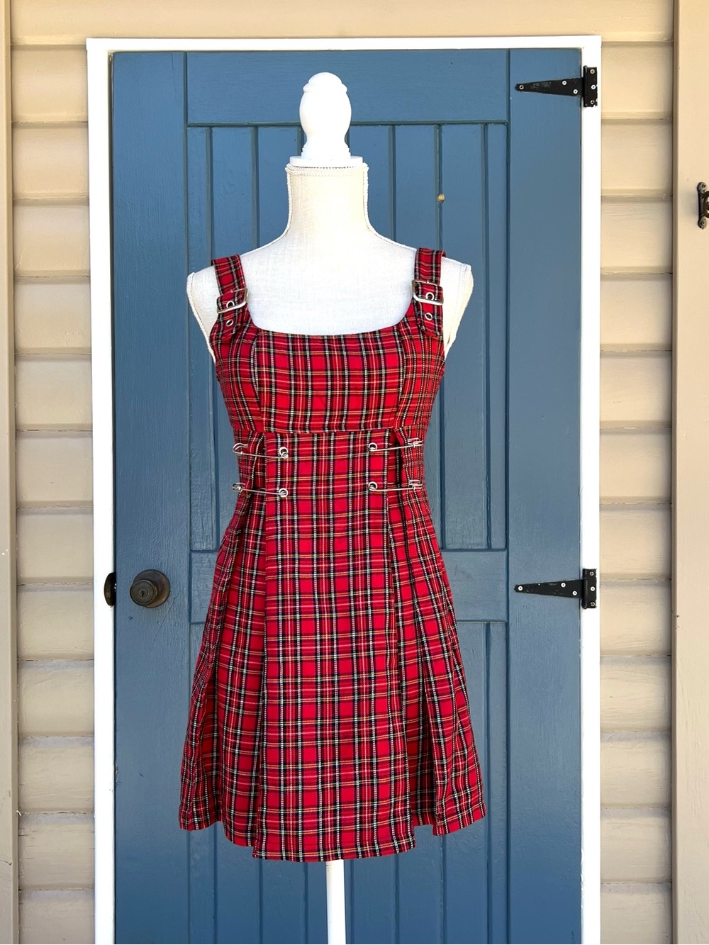 Y2K Lip Service Red Plaid Pleated Mini Dress with Safety Pins Size S Black